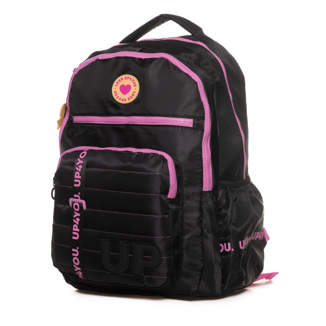 Mochila infantil Luxcel Up4You preta vista frontal em ângulo com bolso rosa